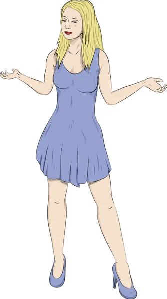 Kız mavi elbiseyle ayakta vektör çizim — Stok Vektör
