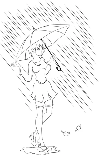 Векториальная иллюстрация девушки, идущей под дождем — стоковый вектор