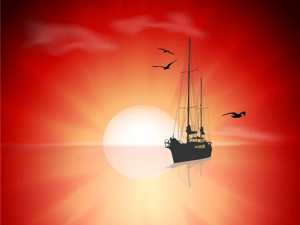 Silueta plachetní loď a racky v moři na východ slunce — Stockový vektor