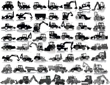 Set of 55 silhouettes of a tractors of road service clipart