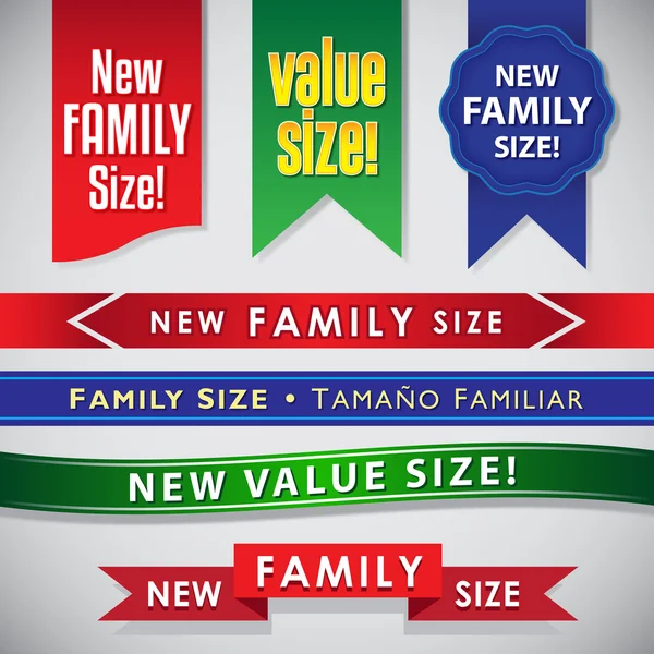 New Family Size and Value Size package promo seals and ribbons set — Stock Vector