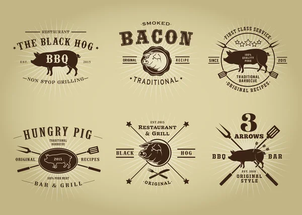 Vintage Retro Porc Barbecue Bar Restaurant Seals Collection — Image vectorielle