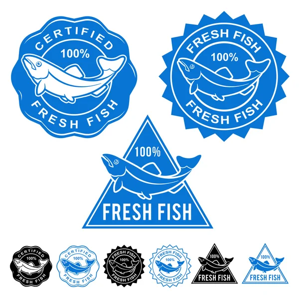 Pesce fresco Certified Seals Icons Set — Vettoriale Stock