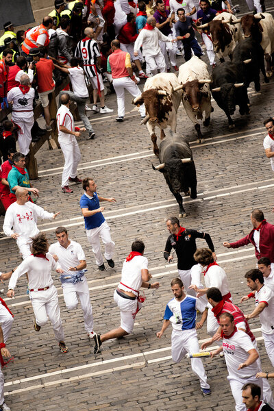 Spain Navarra Pamplona 10 July 2015 S Firmino fiesta men run from bulls