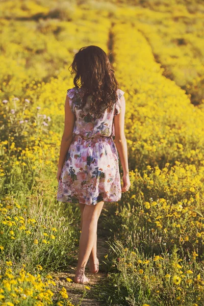 Jong meisje loopt onder madeliefjes in een veld voorjaar — Stockfoto