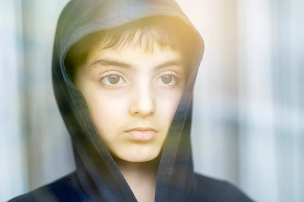 Portrait Child Window Pane Closing Period Shutdown — Stock Photo, Image