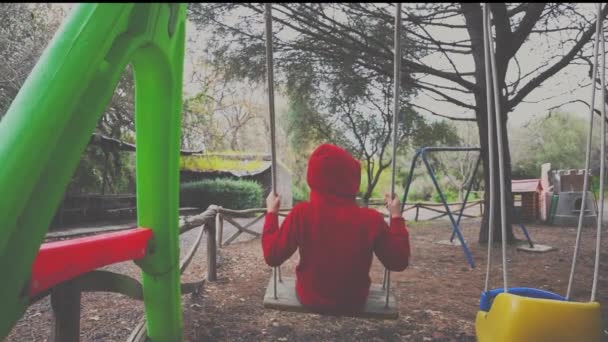 Solitário Criança Camisola Vermelha Visto Por Trás Balançando Parque Infantil — Vídeo de Stock