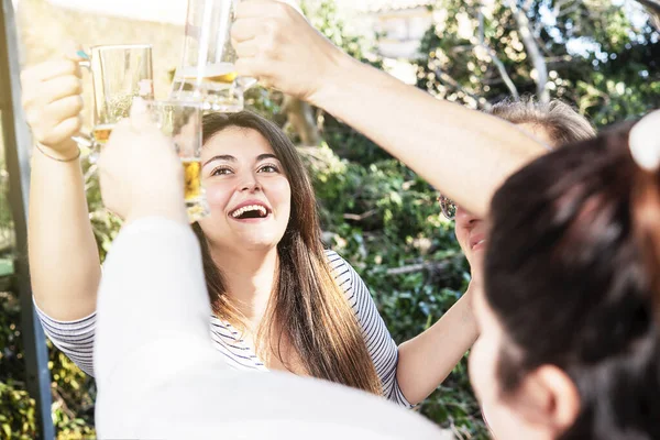 Group People Toasting Happy Smiling Beer Outdoors — Stock Photo, Image
