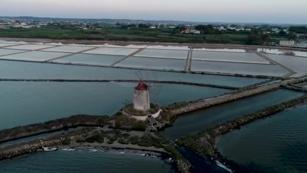 Panorama Aérien Des Marais Salants Trapani Sicile Coucher Soleil Sur — Video