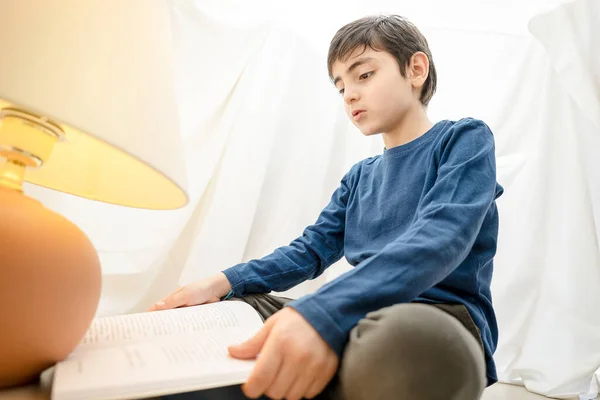Year Old Child Alone Home Reads Book His Spare Time — Stock Photo, Image