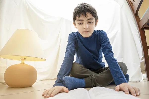 Year Old Boy Home Reads Book Concentred Self Built Tent — Stock Photo, Image