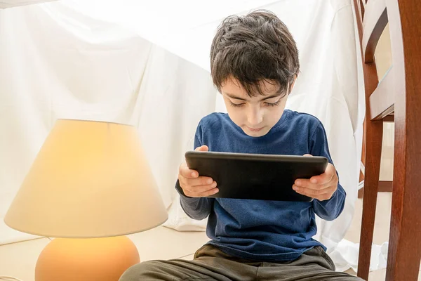 Adorable Child Home Tent Built Sheet Reads Tablet — Stock Photo, Image