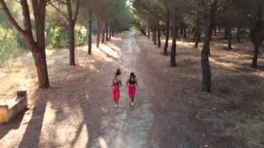 Ormanda yol boyunca koşan iki genç kadının insansız hava aracı görüntüsü. Fitness ve jogging yaparak sağIık kavramı