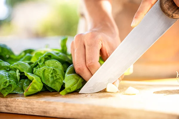 Cutting Fresh Basil Cutting Board Genoese Pesto Sauce — Stock Photo, Image