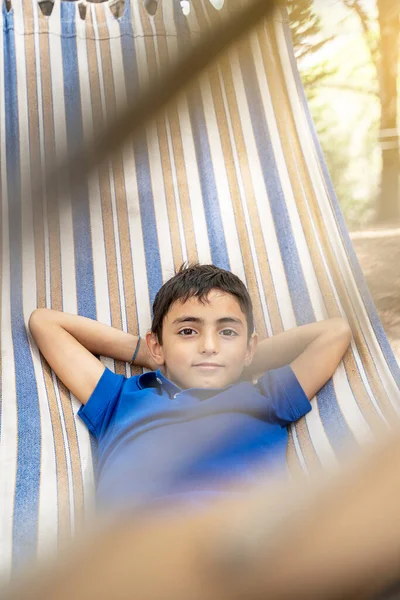 Portrait Happy Kid Boy Lying Hammock Garden Summer Holidays Concept — Stock Photo, Image