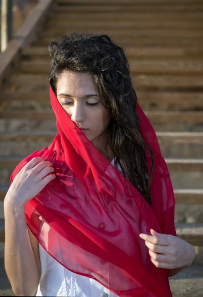 Sexy girl with a red scarf — Stok fotoğraf