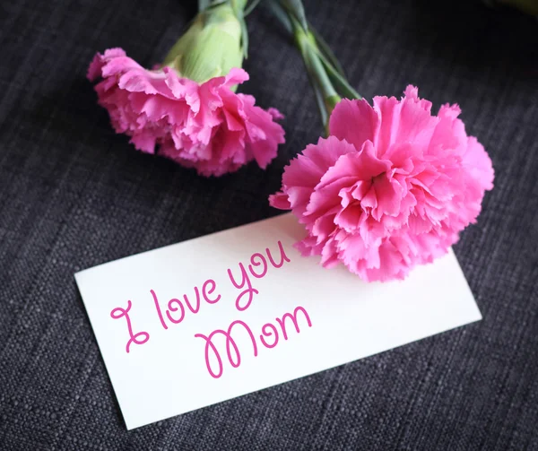 Pink carnation flowers with greeting card. — Stock Photo, Image