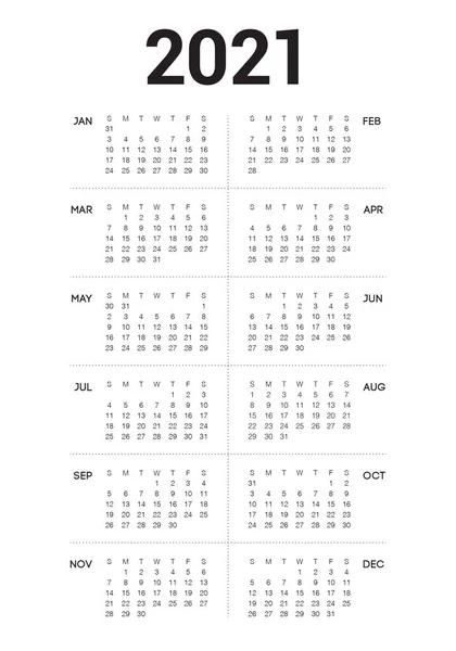 2021 Kalender Vektor Design Mall Enkel Och Ren Design — Stock vektor