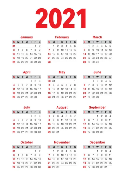 Año 2021 Plantilla Diseño Vectores Calendario Diseño Simple Limpio — Archivo Imágenes Vectoriales