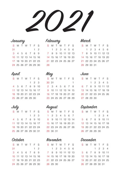 Year 2021 Calendar Vector Design Template Simple Clean Design — Stock Vector