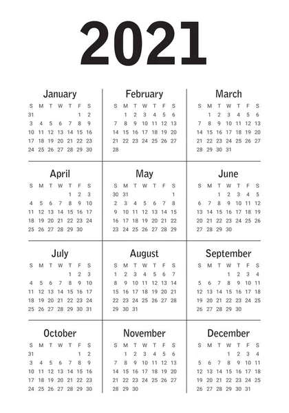 Anul 2021 Calendar Șablon Design Vectorial Design Simplu Curat — Vector de stoc