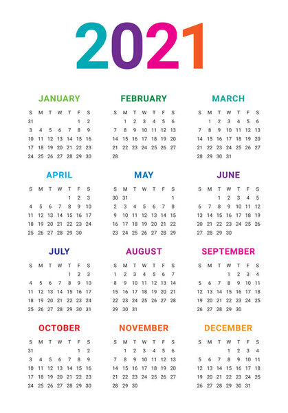 Year 2021 calendar vector design template, simple and clean design
