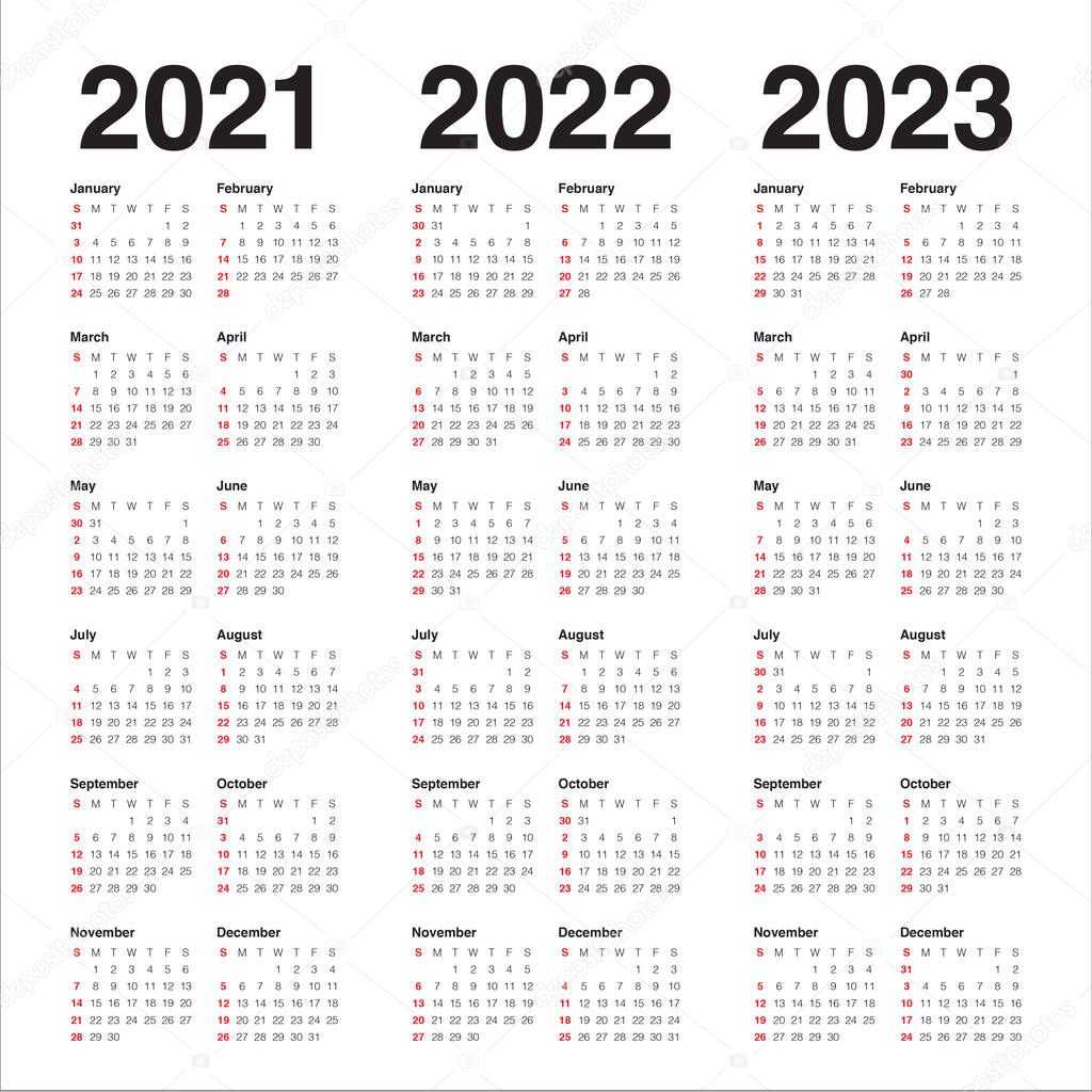 Year 2021 2022 2023 calendar vector design template, simple and clean design