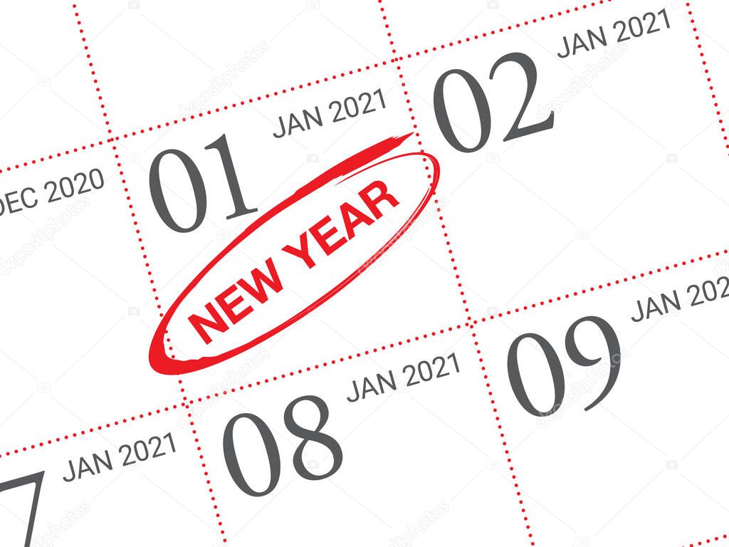 Close up of first day of the year 2021 on diary calendar, simple and clean design vector.