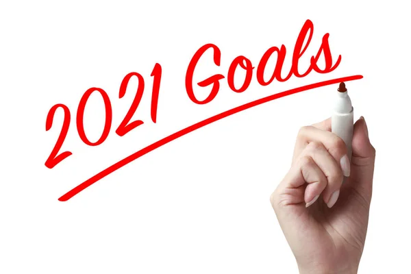 Hand Holding Pen Writing 2021 Goals Wish You All Best — Stock Photo, Image
