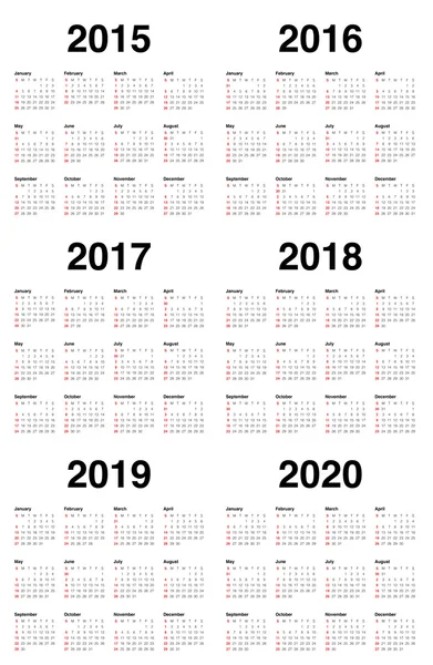 Calendario 2015 2016 2017 2018 2019 2020 — Vettoriale Stock