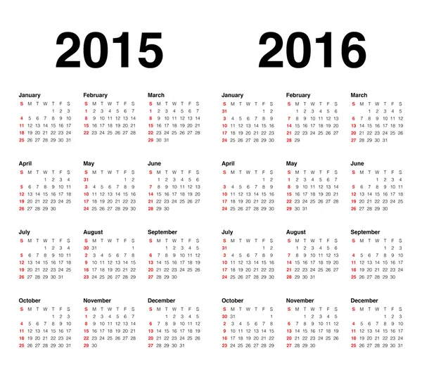 Calendario 2015 e 2016 — Vettoriale Stock