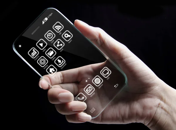 Hand holding futuristic transparent smartphone — Stock Photo, Image