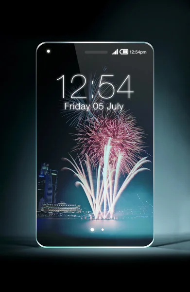 Transparent smartphone on dark blue color background — Stock Photo, Image