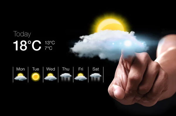 Hand drückt virtuelles Wetter-Symbol — Stockfoto