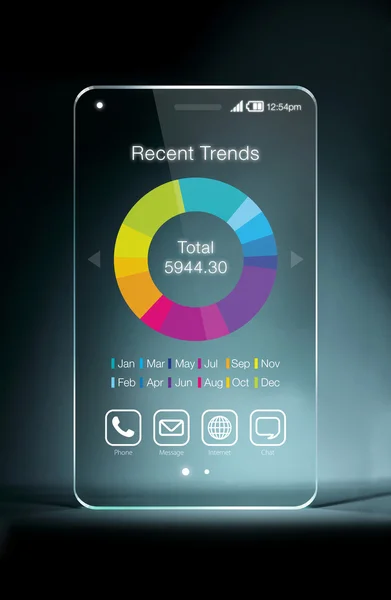 Smartphone trasparente con grafico aziendale colorato sullo schermo — Foto Stock