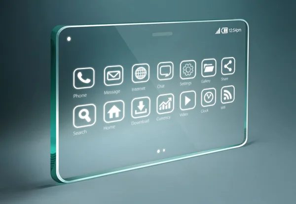 Transparent tablet with apps icons on bue background — Stock Photo, Image