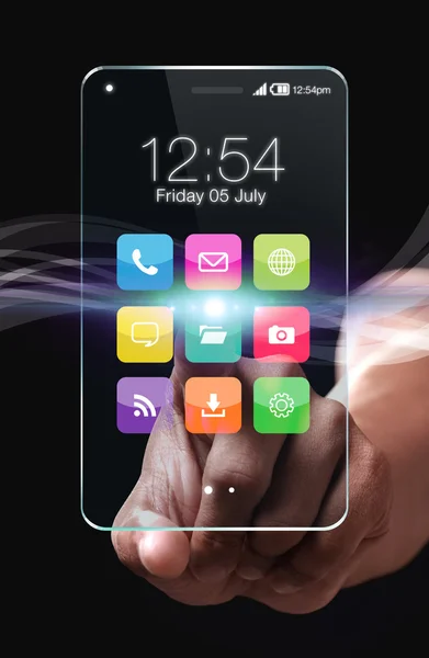 Transparentní smartphone s barevnými apps na černém pozadí — Stock fotografie