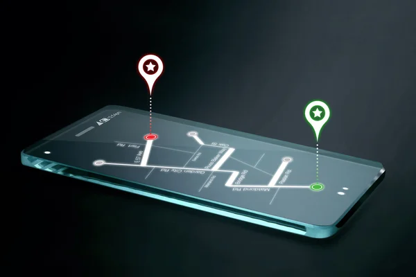 Map and navigation icons on transparent smartphone screen — Stock Photo, Image