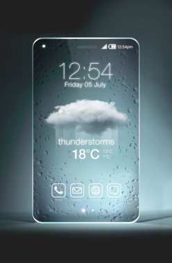 Transparent smartphone with thunderstroms icon on blue backgroun clipart