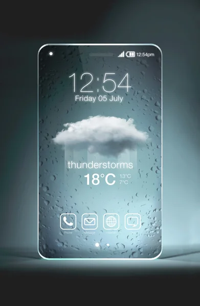Transparent smartphone with thunderstroms icon on blue backgroun — Stock Photo, Image