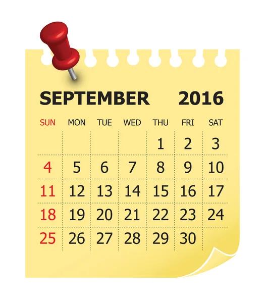 Calendrier 2016 - Septembre — Image vectorielle