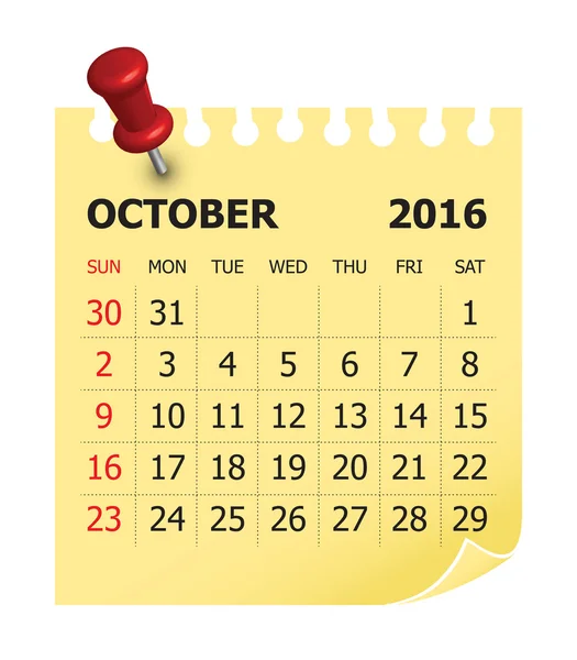 Calendário 2016 - outubro —  Vetores de Stock