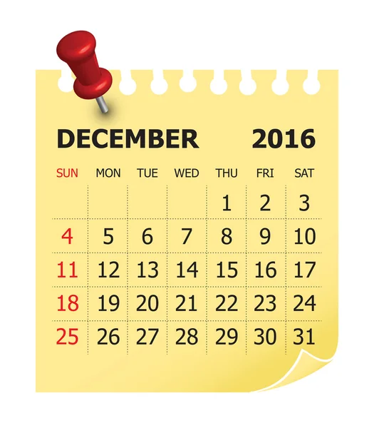 Calendario 2016 - dicembre — Vettoriale Stock