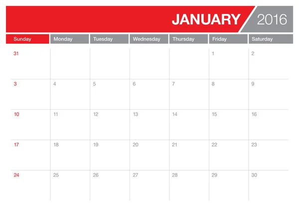 Календарь таблиц 2016 - Январь — стоковый вектор