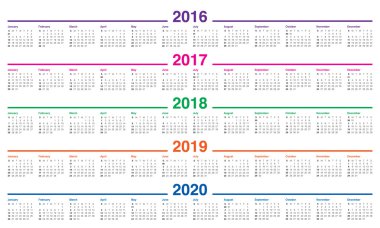 Calendar 2016 2017 2018 2019 2020 clipart