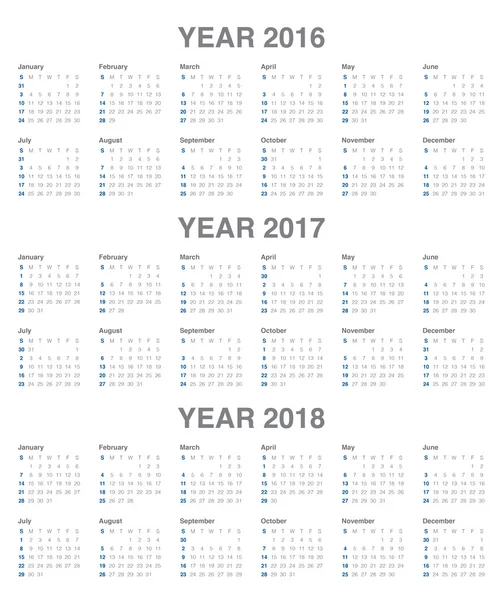 Calendario 2016 2017 2018 — Vettoriale Stock