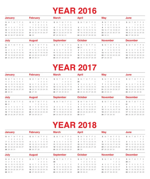Calendario 2016 2017 2018 — Vector de stock