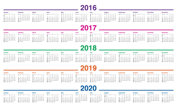 Calendar 2016 2017 2018 2019 2020 — Stock Vector