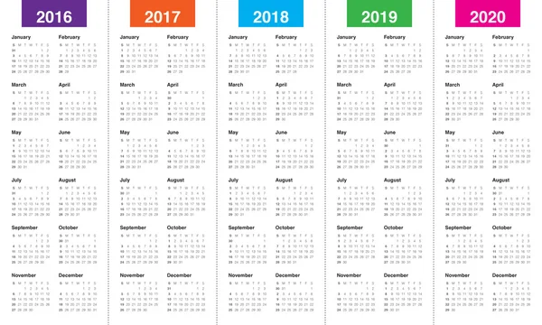 Calendrier 2016 2017 2018 2019 2020 — Image vectorielle