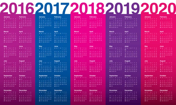 Calendario 2016 2017 2018 2019 2020 — Vector de stock